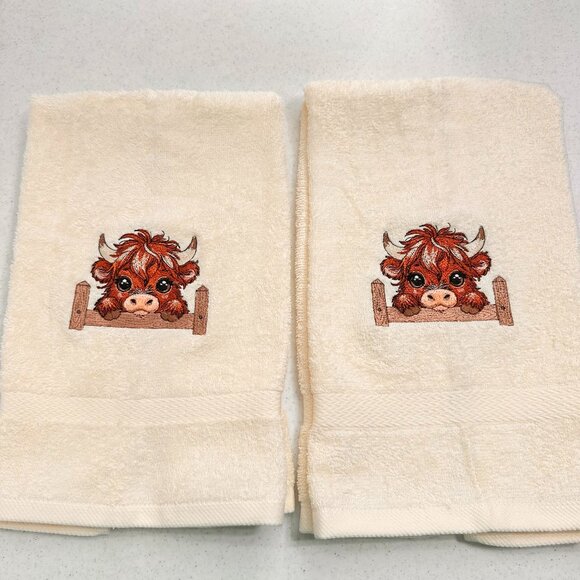 Highland Cow Towels Embroidered Hand Towel Set Beige Brown Cute Bathroom Decor - Picture 3 of 5